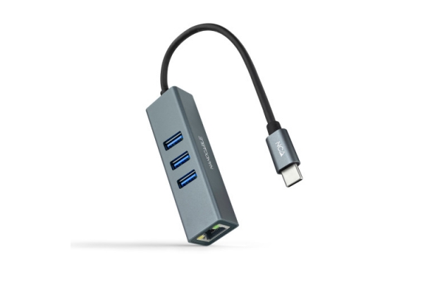 CONVERSOR USB-C A ETHERNET GIGABIT + 3XUSB 3.0 NANOCABLE ALUMINIO GRIS 15 CM