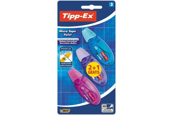 TIPP-EX MICRO TAPE TWIST 2+1 PACK DE 3 CINTAS CORRECTORAS 5MM X 8M - CABEZAL ROTATIVO - ESCRITURA INSTANTANEA (BLISTER)