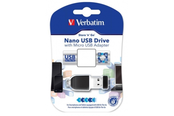 VERBATIM PENDRIVE NANO ON-THE-GO 16GB USB 2.0 OTG CON ADAPTADOR MICRO USB NEGRO