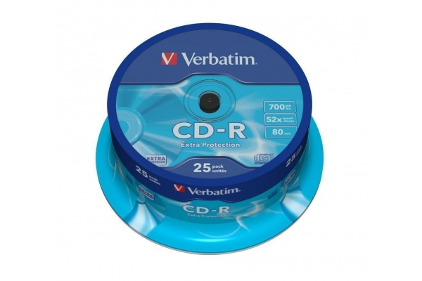 VERBATIM CD-R, 700MB, 52X, 25 PACK SPINDLE, SUPERFICIE EXTRA PROTECTION
