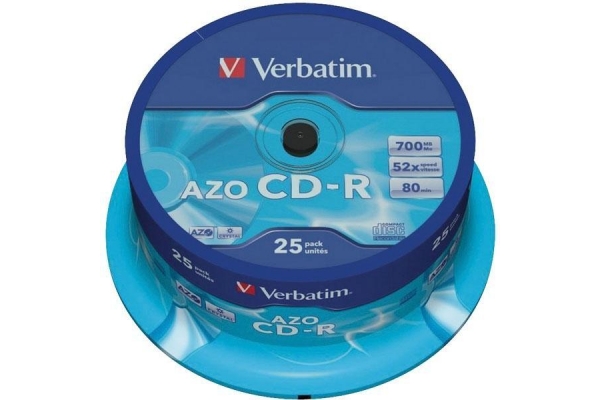 VERBATIM CD-R AZO, 700MB, 52X, 25 PACK SPINDLE, SUPERFICIE CRYSTAL