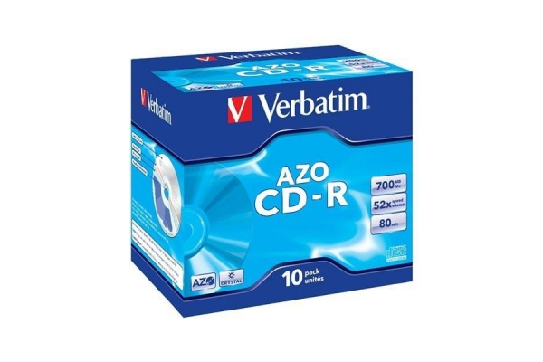 VERBATIM CD-R AZO, 700MB, 52X, 10 PACK JEWEL CASE, SUPERFICIE CRYSTAL