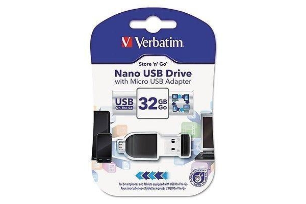 VERBATIM PENDRIVE NANO ON-THE-GO 32GB USB 2.0 OTG CON ADAPTADOR MICRO USB NEGRO