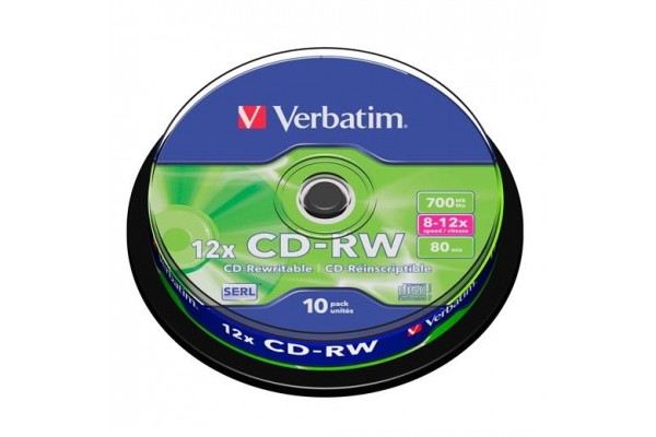 VERBATIM CD-RW, 700MB, 12X, 10 PACK SPINDLE, SUPERFICIE SCRATCH RESISTANT REGRABABLE