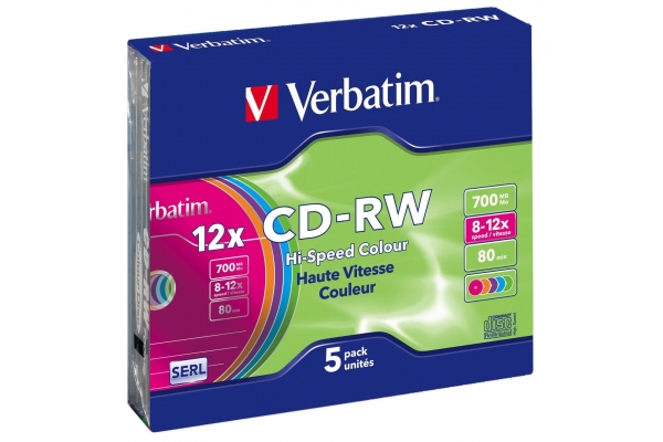 VERBATIM CD-RW, 700MB, 12X, 5 PACK SLIM CASE, COLOUR SURFACE REGRABABLE