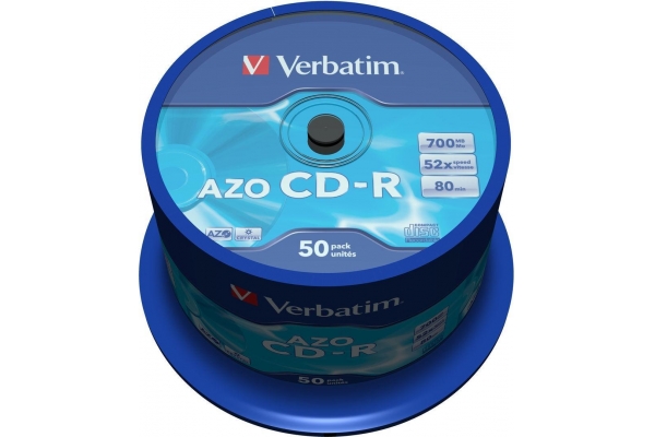VERBATIM CD-R AZO, 700MB, 52X, 50 PACK SPINDLE, SUPERFICIE CRYSTAL