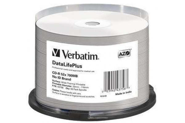 VERBATIM CD-R, 700MB, 52X, DATALIFEPLUS WIDE THERMAL PROFESSIONAL 50 PACK SPINDLE - NO ID BRAND (PRINT AREA: 23-118MM)
